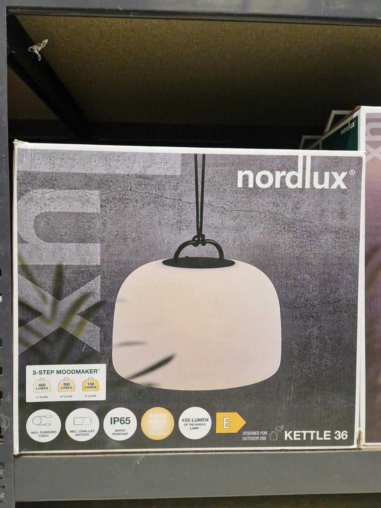 Buitenlamp hanglamp Nordlux Kettle 36 oplaadbaar, Huis en Inrichting, Lampen | Hanglampen, Nieuw, Minder dan 50 cm, Hout, Kunststof
