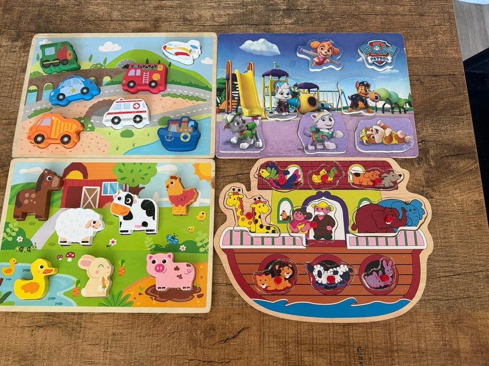 Houten insteekpuzzels - Boerderij, Voertuigen, Ark, Paw Patr, 2 tot 4 jaar, Gebruikt, Ophalen of Verzenden, Van hout