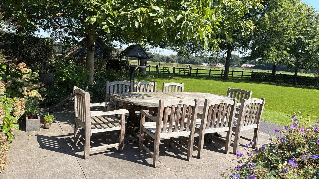 Tuinset (tafel met 8 stoelen) te koop in teak, Tuin en Terras, Ophalen, Gebruikt, Rechthoekig, Overige materialen