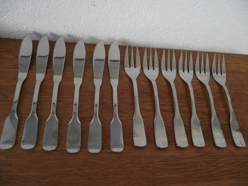 12 RVS Haags Lofje visbestek 6 vismes 6 visvork France p st, Ophalen of Verzenden