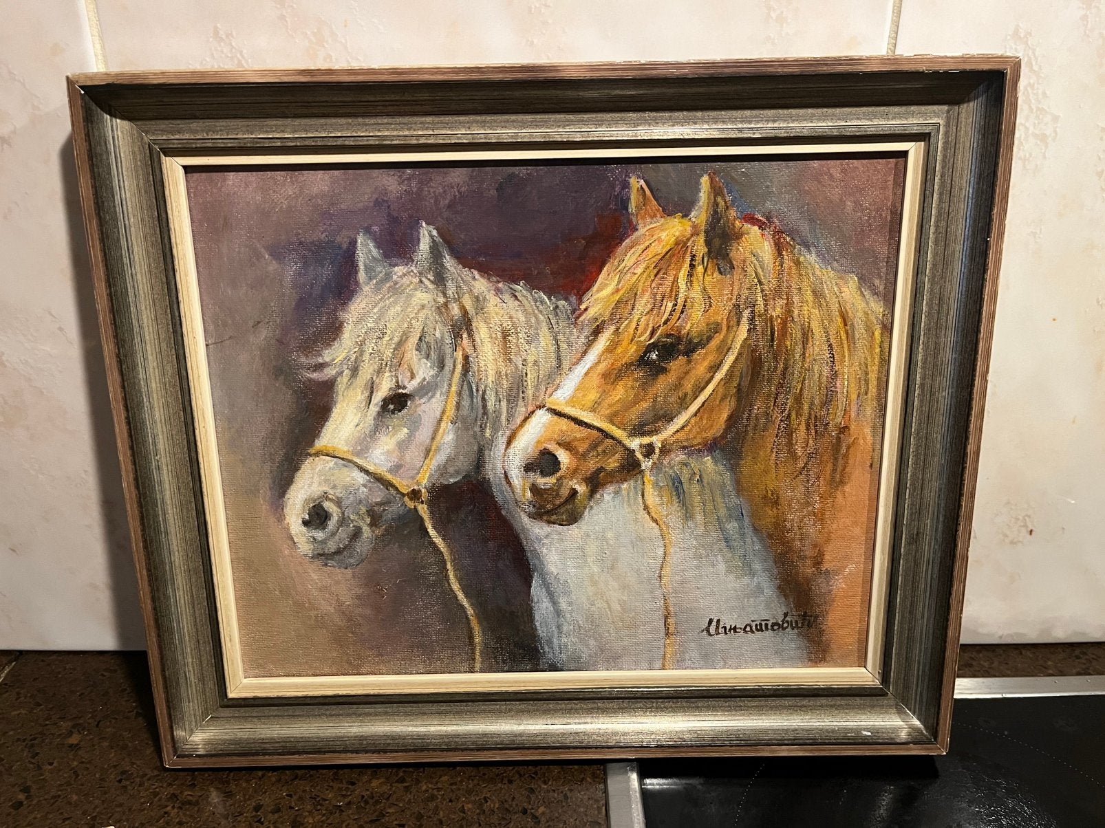 Olieverf portret met paarden schilderij, Ophalen of Verzenden