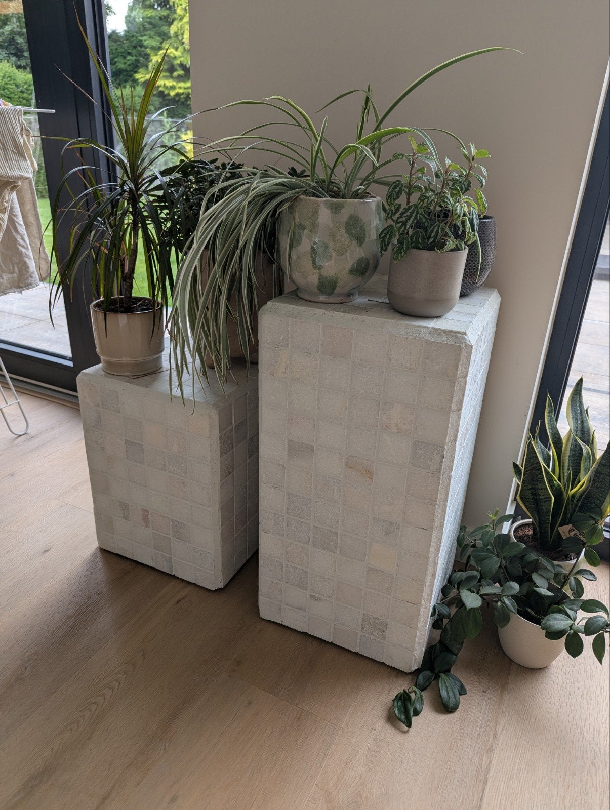 2x Marmer planten sokkel verrijdbaar., Overige materialen, Minder dan 55 cm, Vierkant, Zo goed als nieuw