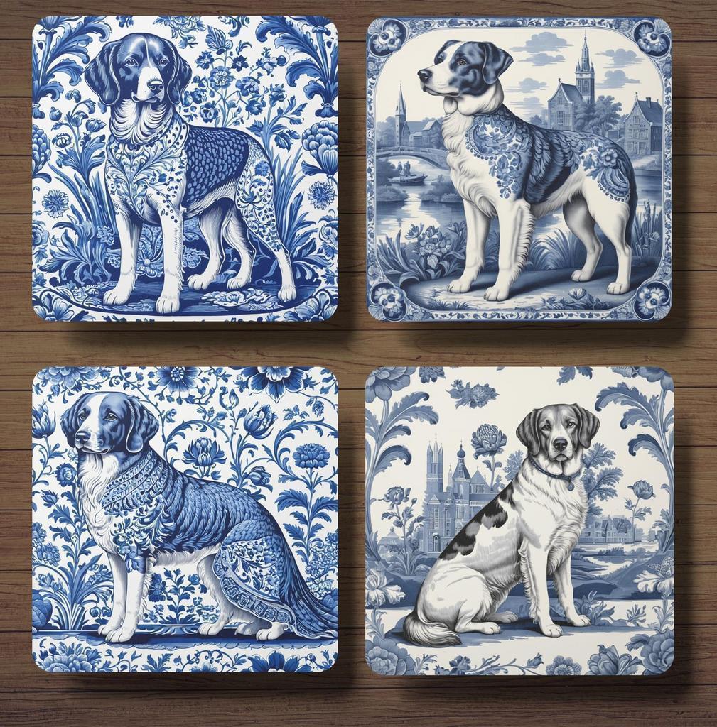 Drentsche Patrijshond Delfts Blauw onderzetters met houder, Ophalen of Verzenden, Nieuw, Glas of Kopje