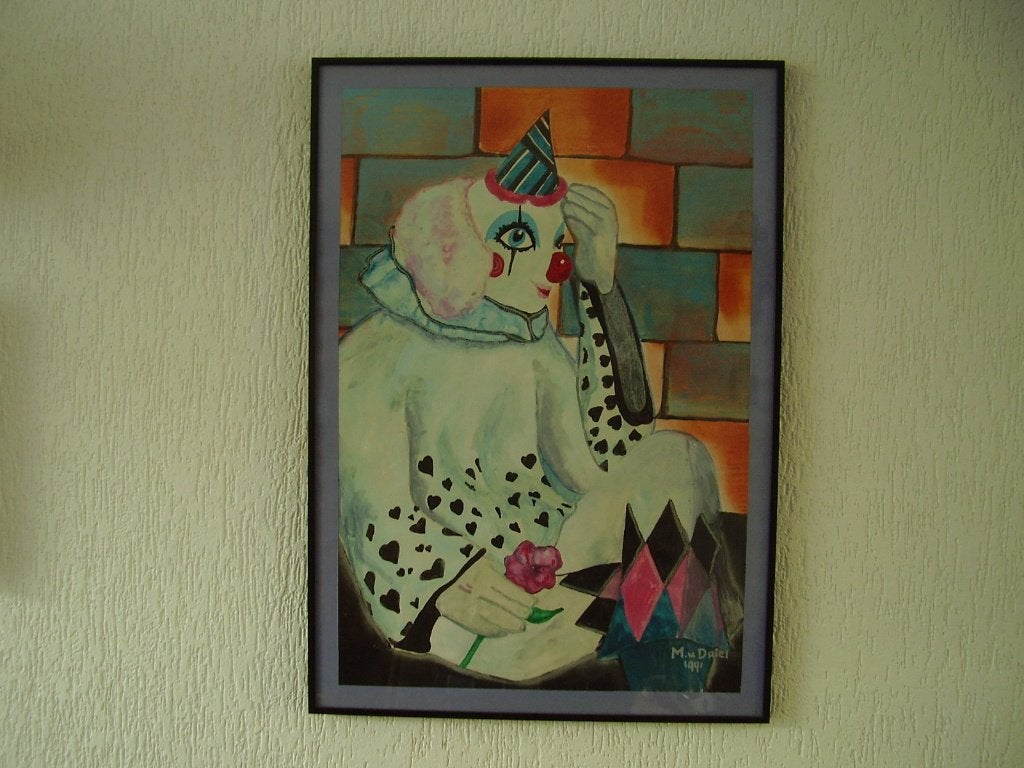 schilderij clown print driel glas mancave sfeer decoratie, Portret of Personen, Overige technieken, Ophalen of Verzenden, Achter glas