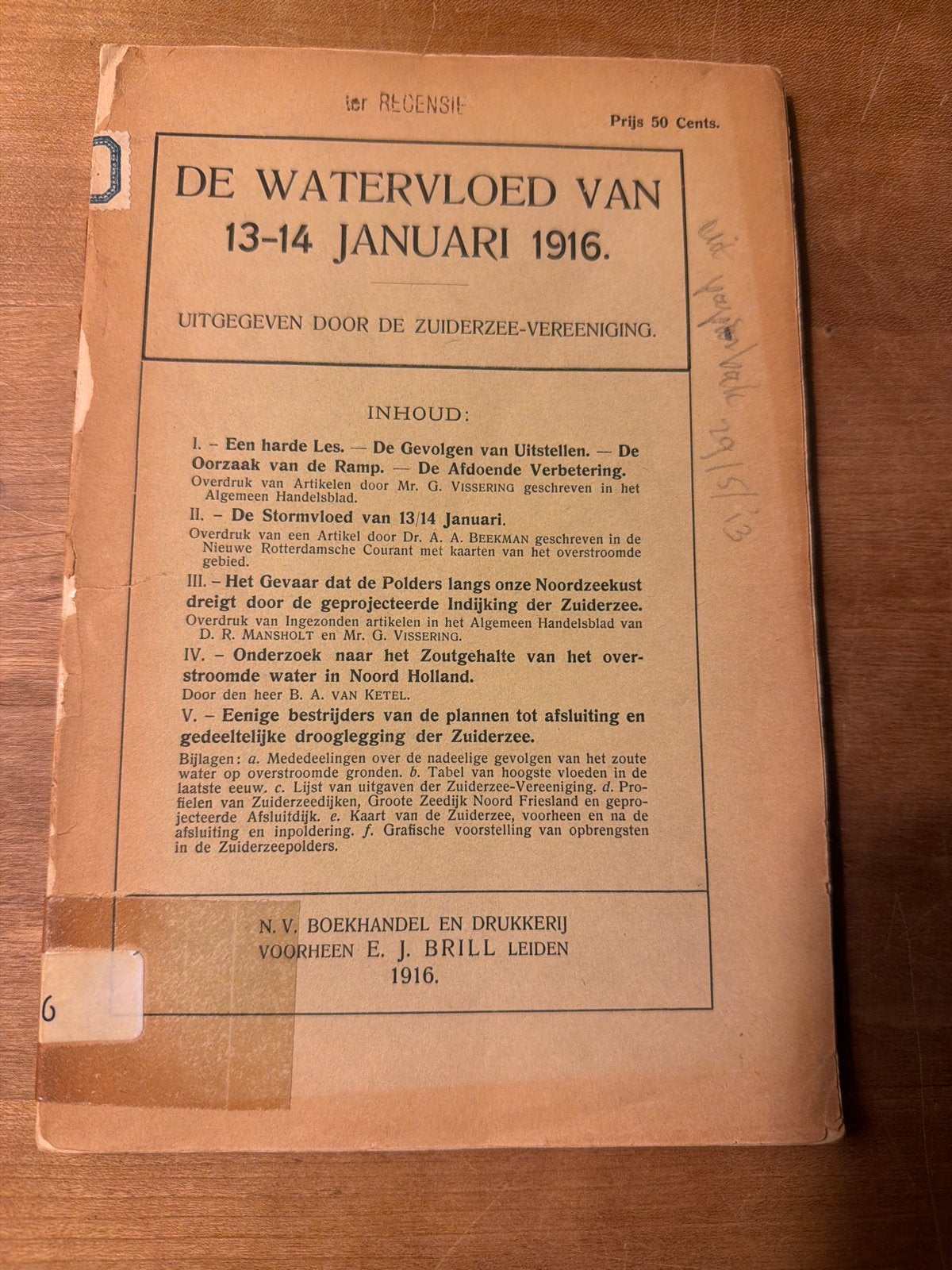 De Watervloed van 13-14 Januari 1916 - Zuiderzee-Vereeniging, Boeken, Ophalen of Verzenden, 20e eeuw of later, Gelezen