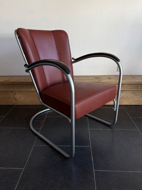 Gispen 412 fauteuil, zijdemat frame, bruin leder, Gebruikt, Design, 75 tot 100 cm, Leer