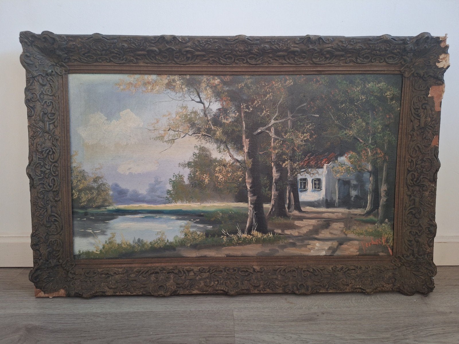 Set van 2 grote schilderijen - Landschap met huis en bos, Ingelijst, Doek, Ophalen of Verzenden, Landschap