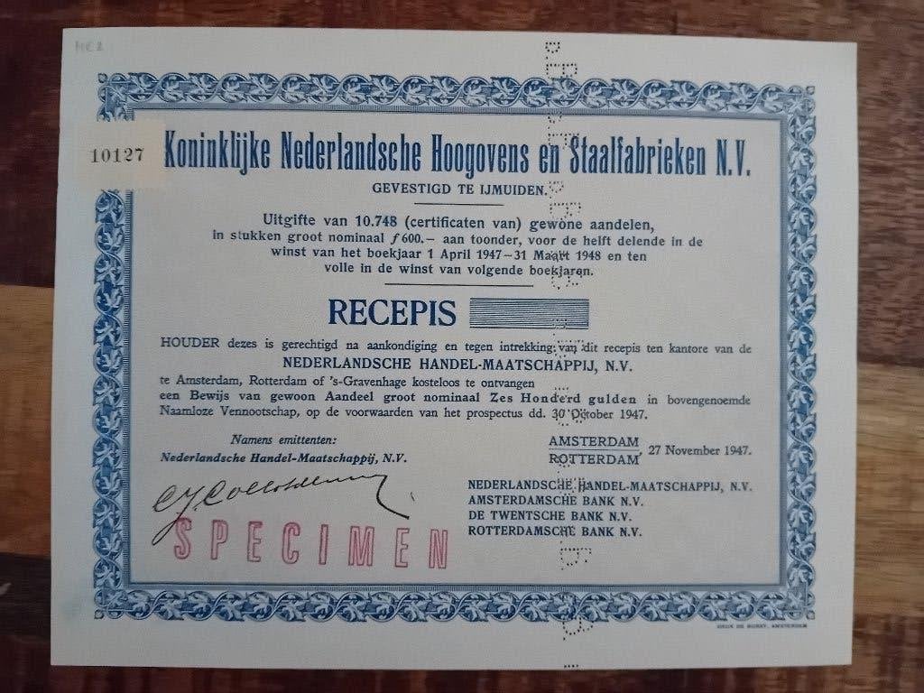Koninklijke Nederlandsche Hoogovens en Staalfabrieken, Postzegels en Munten, Aandelen en Waardepapieren, Ophalen of Verzenden