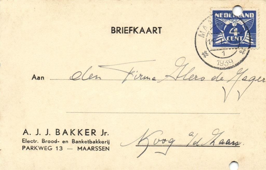 A.J.J. Bakker Jr., Maarssen - 01.1939 - briefkaart, Ophalen of Verzenden, Briefkaart