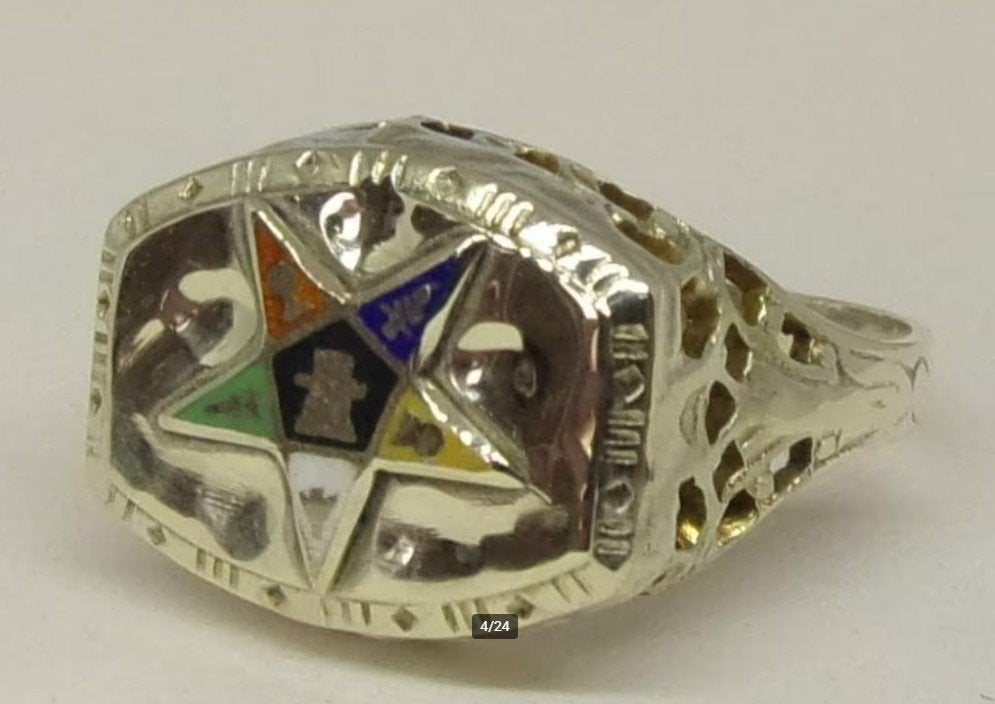 Antieke 10K OES-ring – vrijmetselarij – geëmailleerd embleem, Verzenden, Goud, Ring, Met edelsteen