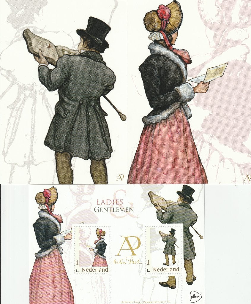 Anton Pieck velletje met 2 zegels en de bijbehorende kaarten, Ophalen of Verzenden, Na 1940, Postfris