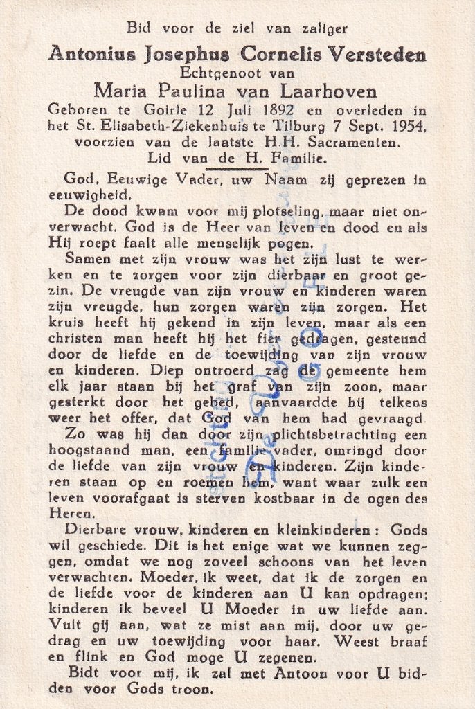 Versteden Antonius 1892 Goirle 1954 Tilburg, Ophalen of Verzenden, Bidprentje