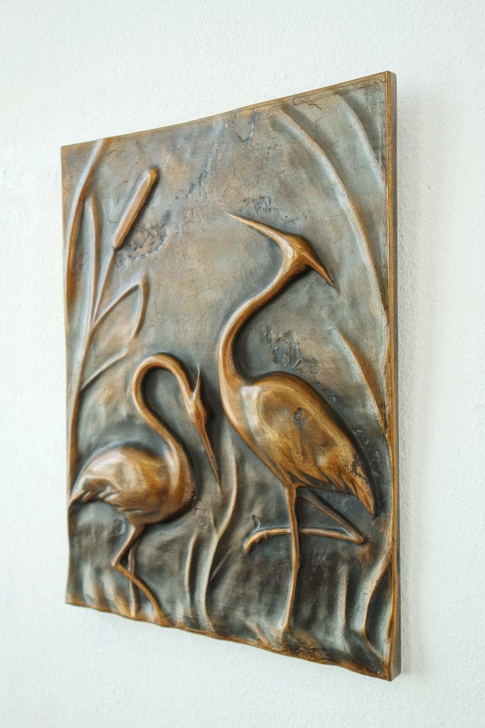 Vintage wandreliëf brons reigers kraanvogels wanddecoratie, Vintage, Ophalen of Verzenden, Gebruikt, Metaal