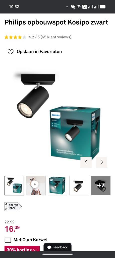 Philips Kosipo spot - Zwart opbouwspot GU10 LED, Gebruikt, Metaal of Aluminium, Ophalen of Verzenden, Modern