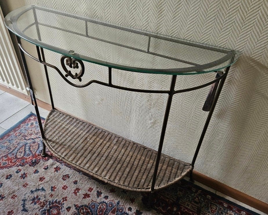 Halfronde Console Tafel met Glasplaat en Rotan Plank, Ophalen, Gebruikt, 50 tot 100 cm, Glas