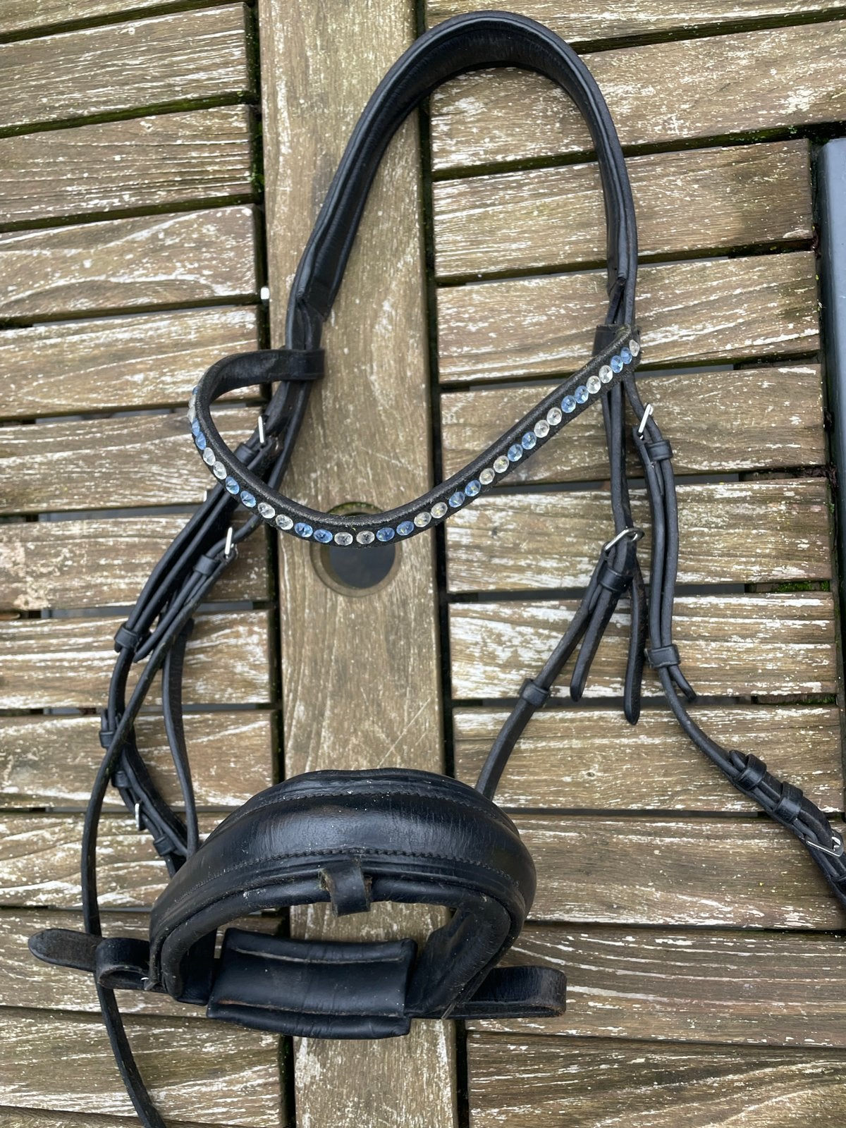 Leren anatomisch trenshoofdstel, Full, blauwe frontriem), Ophalen of Verzenden, Zwart, Anatomisch gevormd, Full