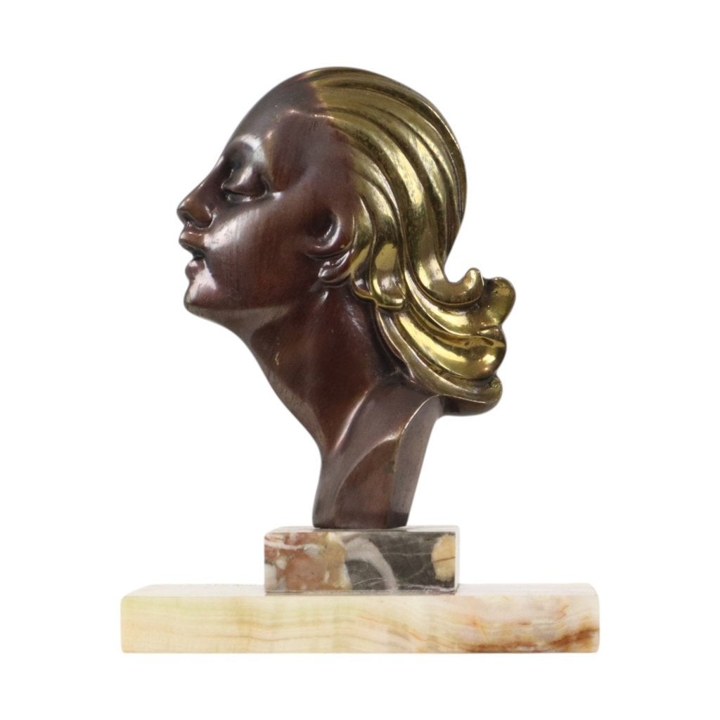 Bronzen Art Deco Beeld Vrouw Hagenauer Marmer Jaren 30, Minder dan 20 cm, Art deco, Ophalen of Verzenden, Beeld