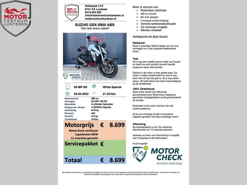 SUZUKI GSX-S 950 A2 (vol vermogen mogelijk), Motoren, Motoren | Suzuki, SUZUKI, 4 cilinders, Bedrijf, Onbekend