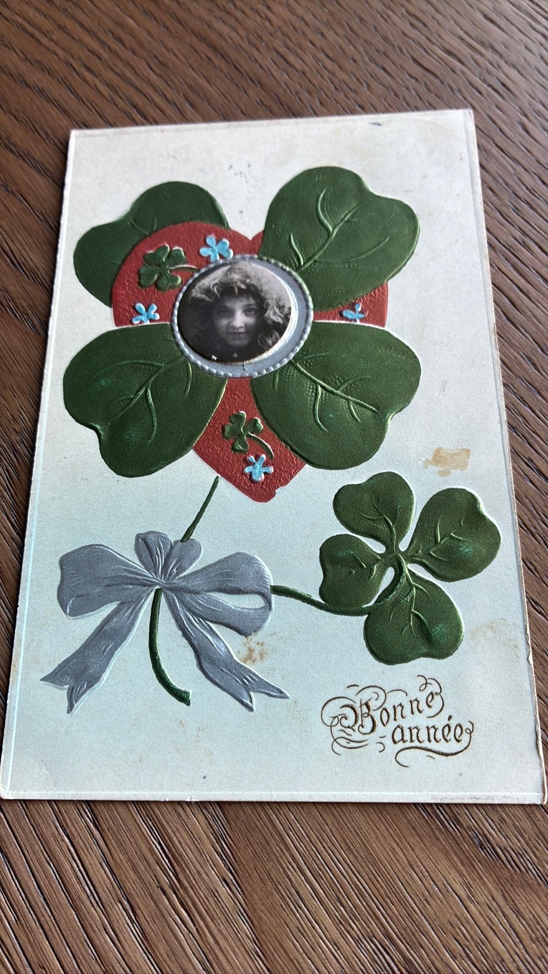 Reliefkaart/foto meisje,hart,mooie klaver 4, zilveropdruk,, Ophalen of Verzenden, Voor 1920, Gelopen, Kinderen
