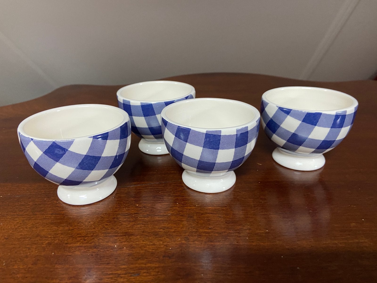 4 kommetjes schaaltjes At Home blauw geblokt als nieuw, Ophalen of Verzenden