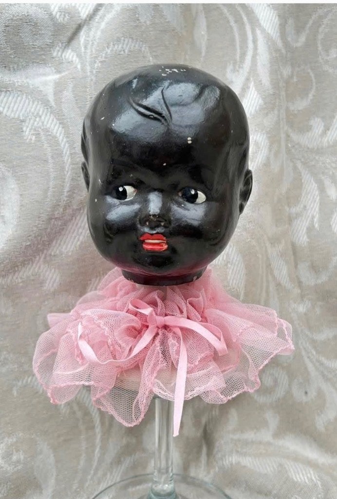 Antiek zwart hoofdje pop met mooie kraag 18 cm, Gebruikt, Ophalen of Verzenden, X, Pop