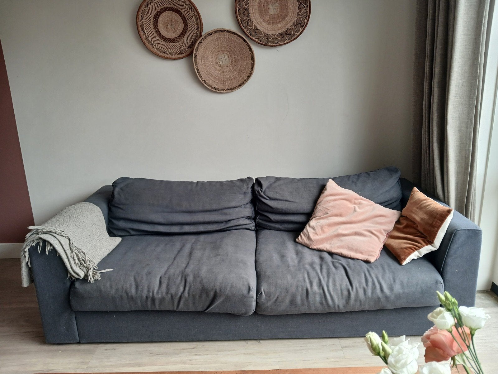 Gratis 3-zitsbank in blauwgrijze stof, Huis en Inrichting, Banken | Bankstellen, Gebruikt, Driepersoons, 75 tot 100 cm, Ophalen of Verzenden
