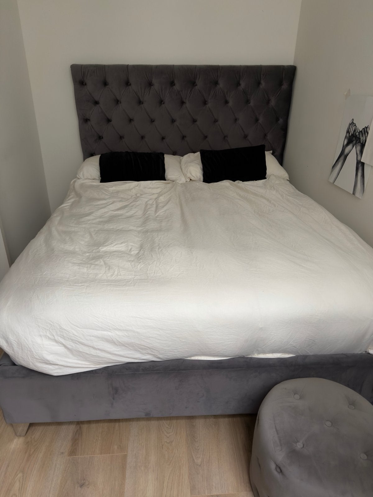 Tweepersoonsbed 160x200 met gestoffeerd hoofdbord en poef, Ophalen, Gebruikt, Tweepersoons, 200 cm