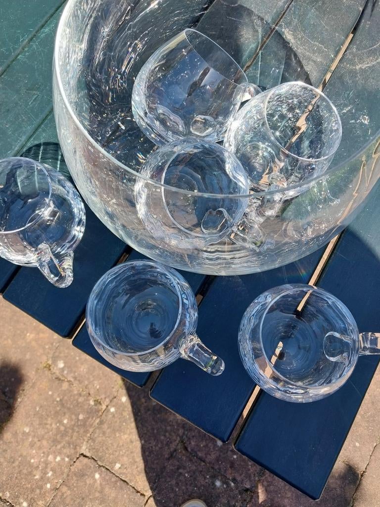 Puntgave kristallen punch bowl met 6 kopjes, Ophalen of Verzenden