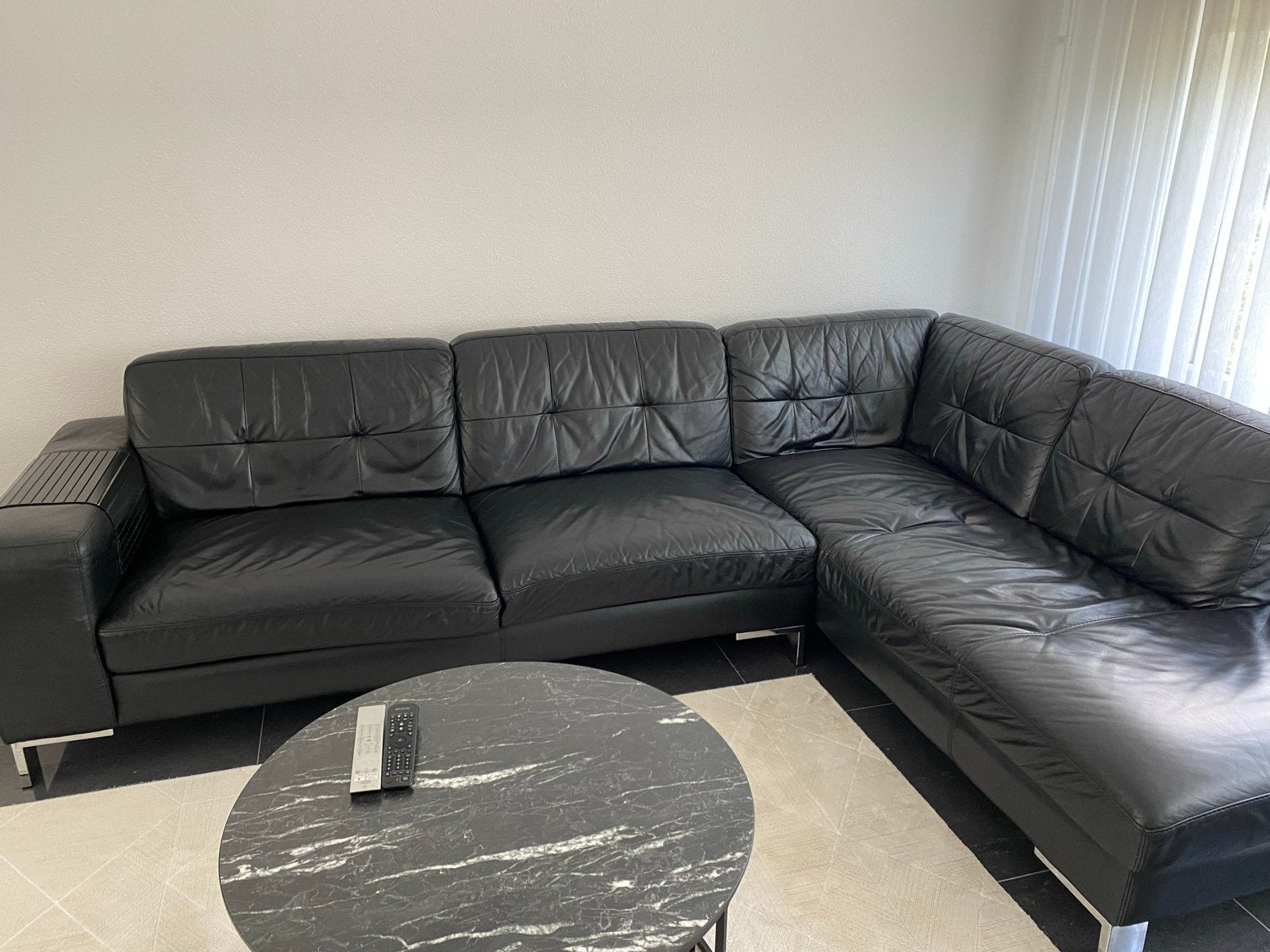 Zwarte Leren Hoekbank - Comfortabel en Stijlvol, Ophalen, 250 tot 300 cm, Gebruikt, Hoekbank