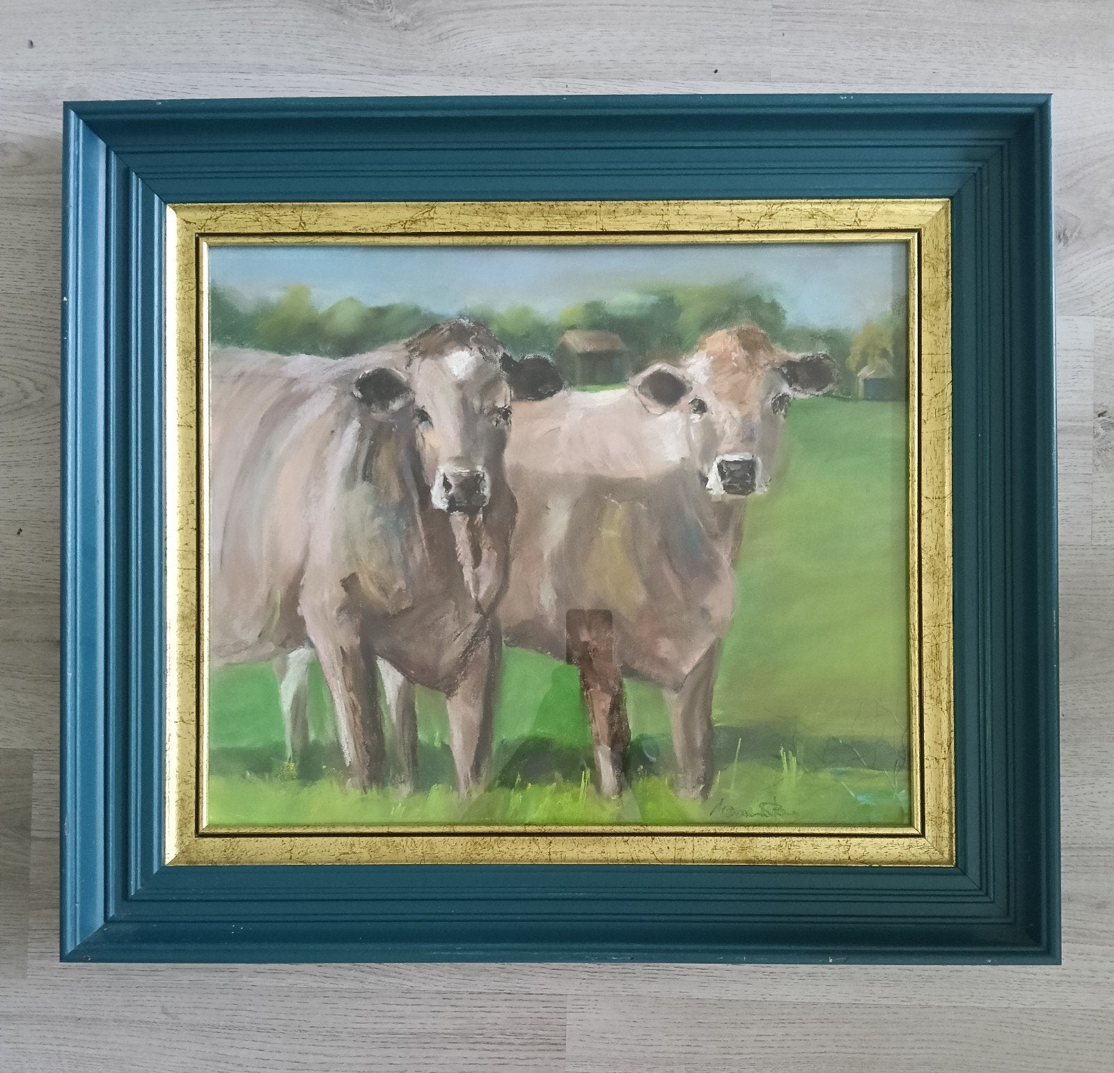 Landschap met twee koeien in een wei - Gesigneerd, Antiek en Kunst, Ophalen of Verzenden, Impressionistisch, Pastel, Dieren