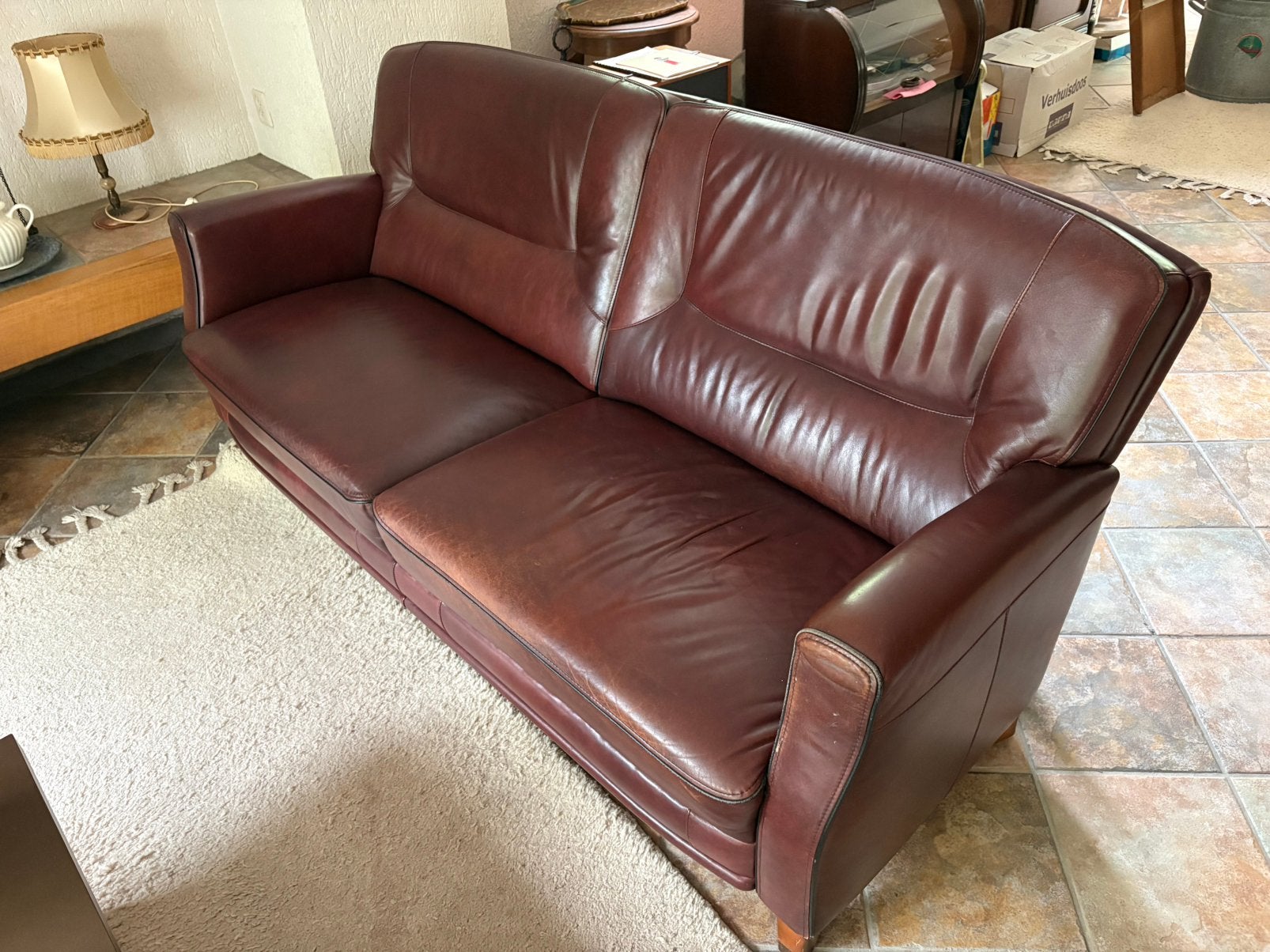 Leren bank met 3 stoelen, Ophalen, Gebruikt, 75 tot 100 cm, 150 tot 200 cm
