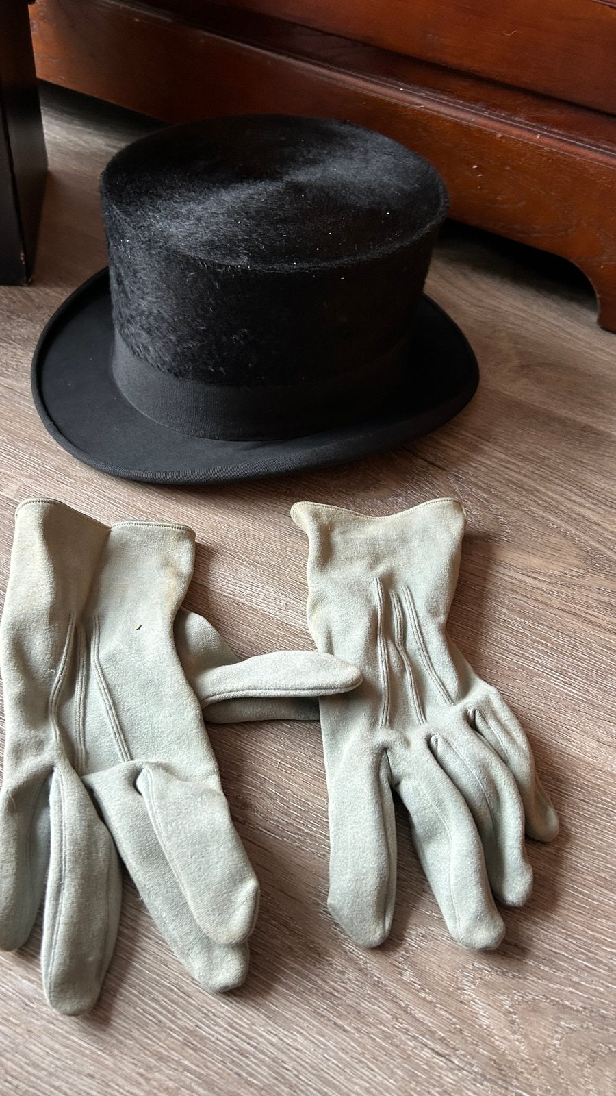 Antieke Hoge Hoed met Handschoenen en Doos, Antiek en Kunst, Ophalen of Verzenden, Heren
