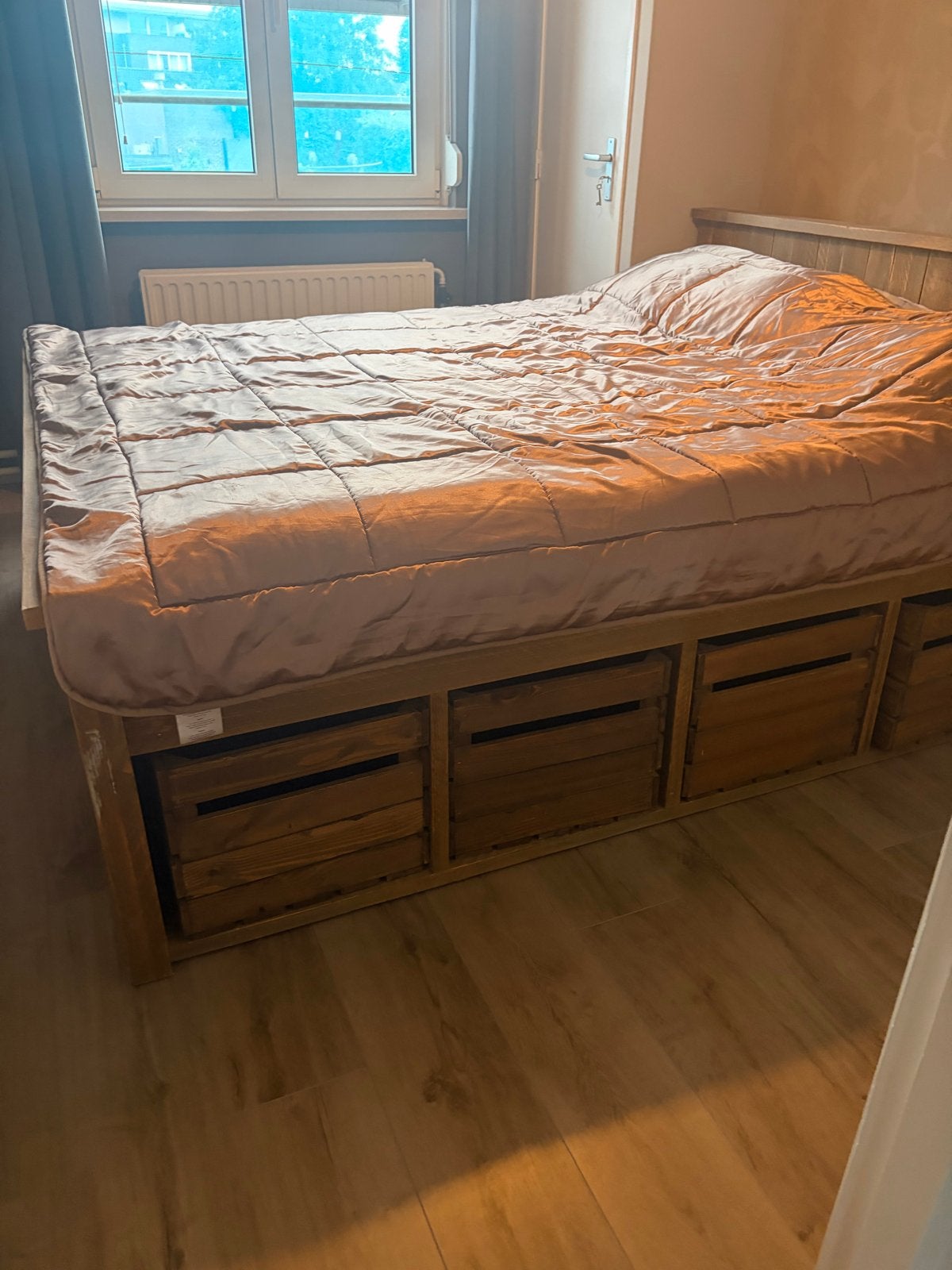 Steigerhouten bed 160x200 met 8 opbergkisten, Ophalen, Gebruikt, Bruin, Steigerhout