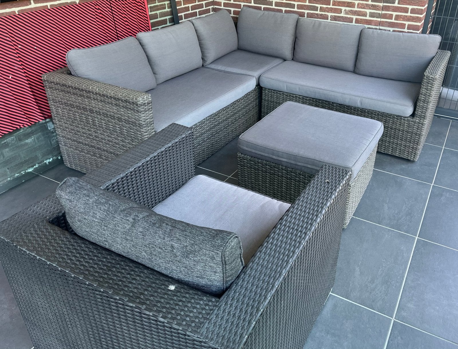 Loungeset 210x210 cm met hocker en stoel, Ophalen, 6 zitplaatsen, Loungeset, Wicker