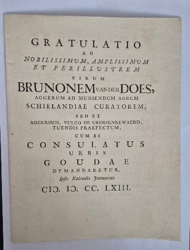 Lof gedicht Bruno van der Does burgermeester van Gouda 1763, Ophalen, 17e en 18e eeuw, Zo goed als nieuw