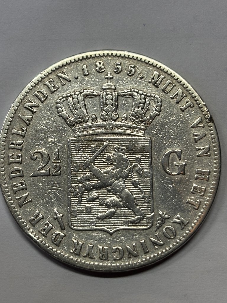 Zilveren 2½ Gulden Koning Willem III 1855, Koning Willem III, Zilver, Ophalen of Verzenden, Losse munt