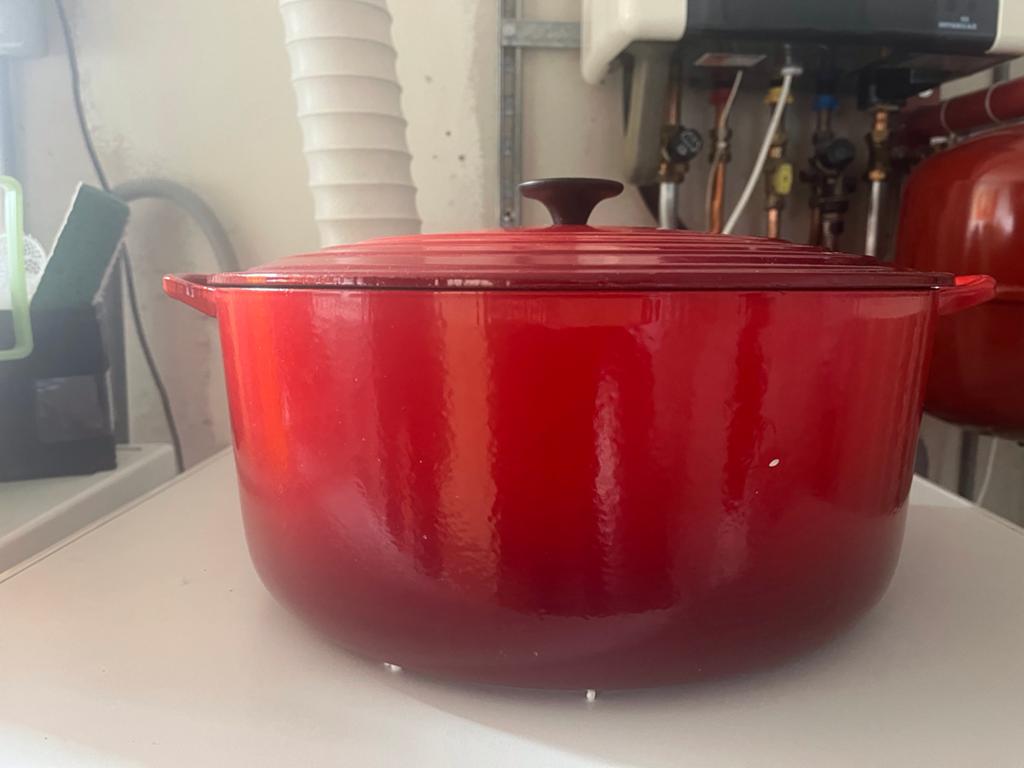 Grote Le Creuset pan, 34 cm diameter, Zo goed als nieuw, Ophalen, Kookpan of Snelkookpan, Gietijzer