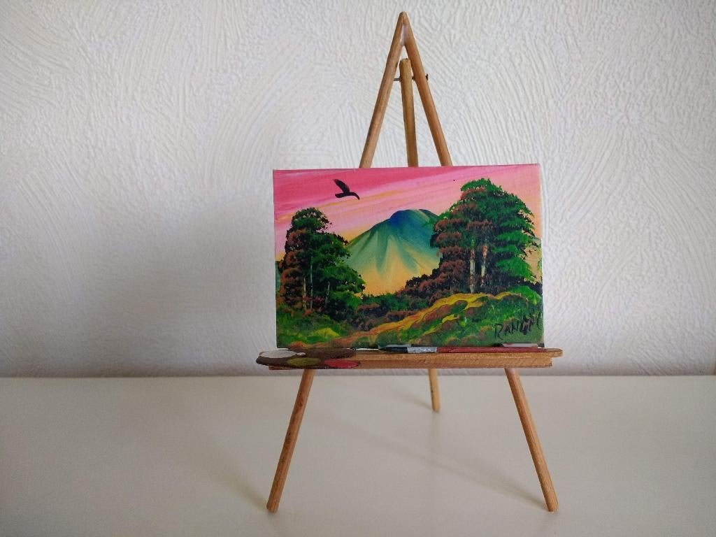 Miniatuur schilderij op schildersezel landschap met vulkaan, Ophalen of Verzenden