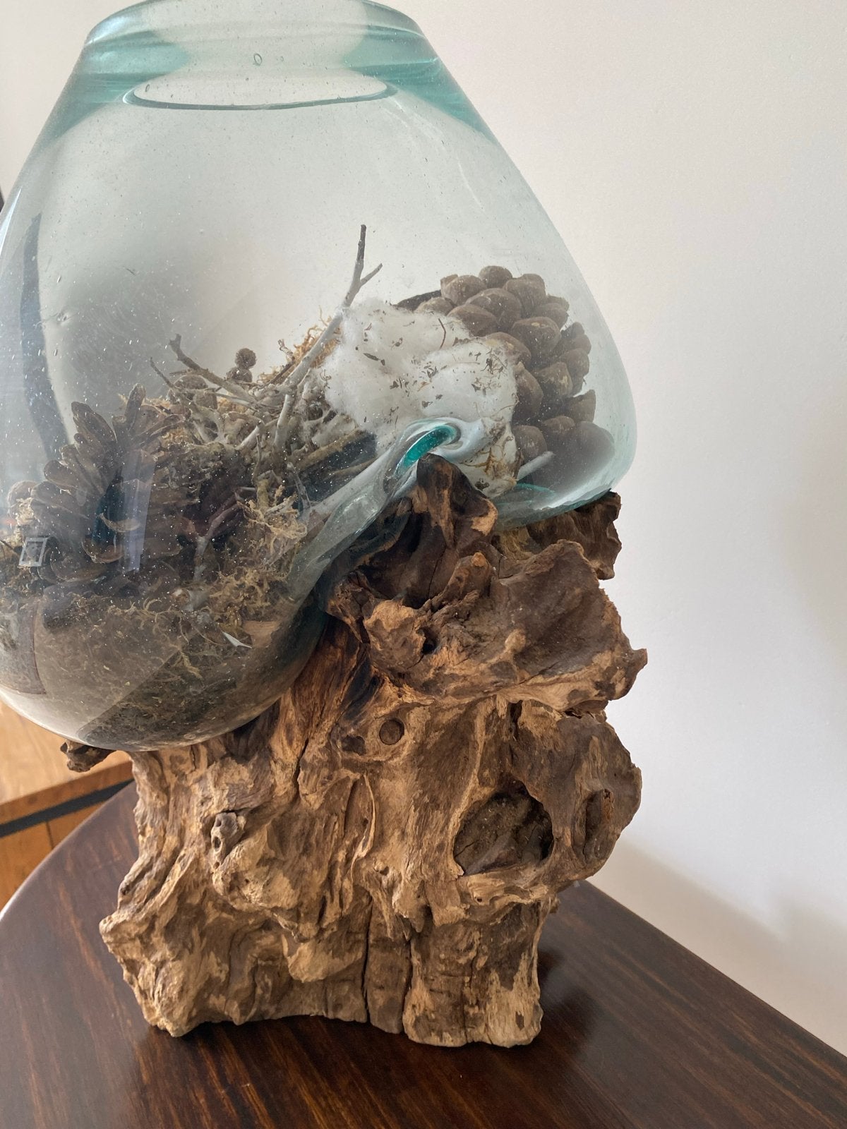 Glazen vaas op houten voet - Uniek decoratiestuk, Ophalen