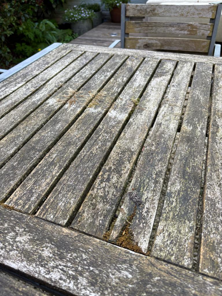 Robuuste opknap houten tuintafel met metalen frame, Ophalen, Gebruikt, Rechthoekig, Hout