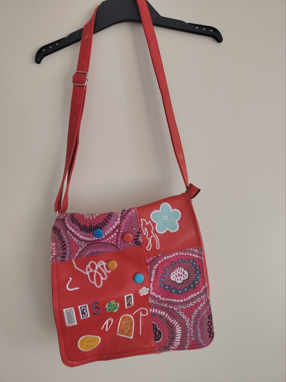 Rode Faux Leren Schoudertas / Schooltas met Canvas Print, Verzenden