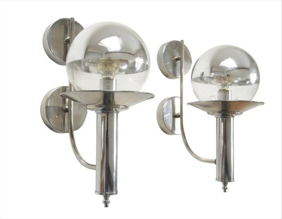 Set van Twee Mid-Century Chromen Wandlampen Spiegelbol, Ophalen, Gebruikt, Glas, Zilver