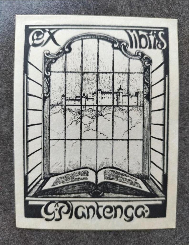 Exlibris G. Plantenga (venster, luchtkasteel, boek), Antiek en Kunst, Kunst | Etsen en Gravures, Origineel, 1900 - 1949, Ex libris