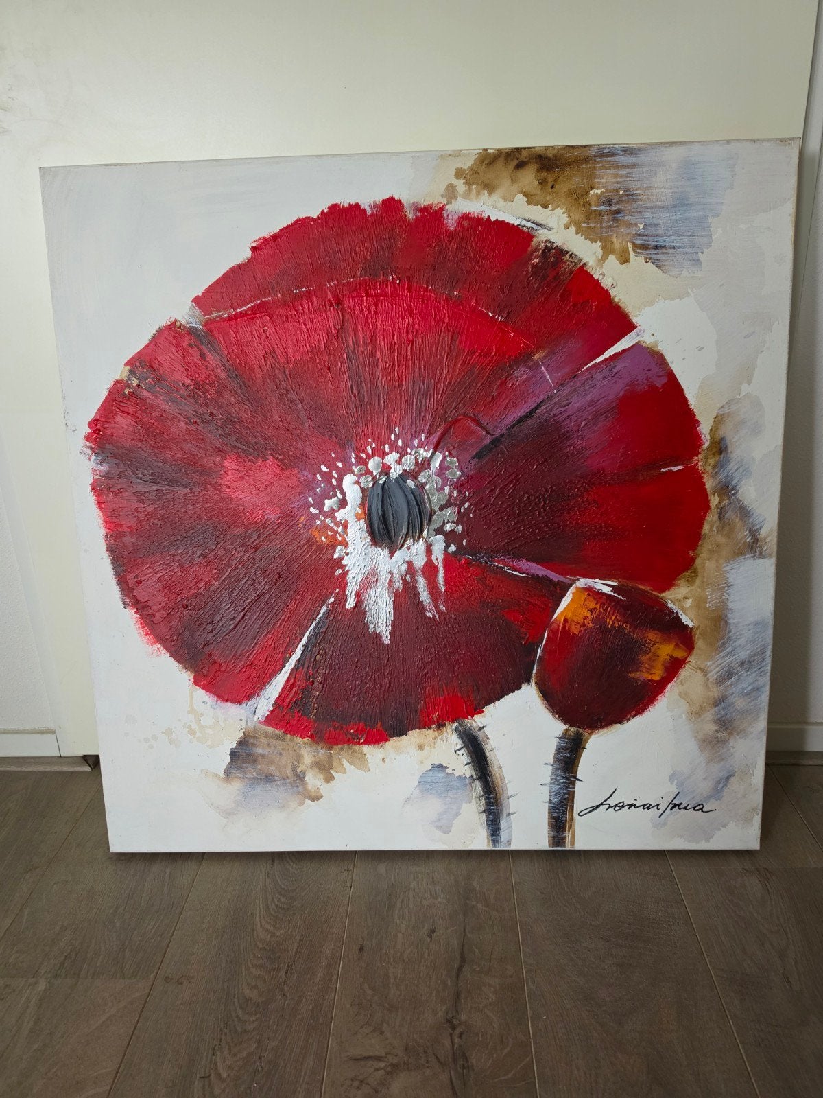 Modern schilderij rode bloemen 80x80 cm, Ophalen, Met textuur, Bloemen