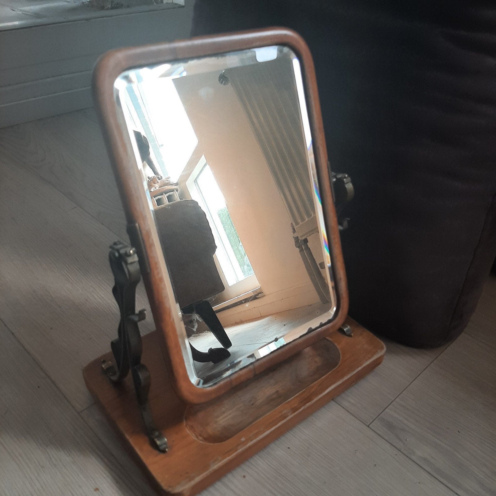 Mooie houten kapspiegel met metalen details, Ophalen, Rechthoekig, Minder dan 50 cm, Minder dan 100 cm