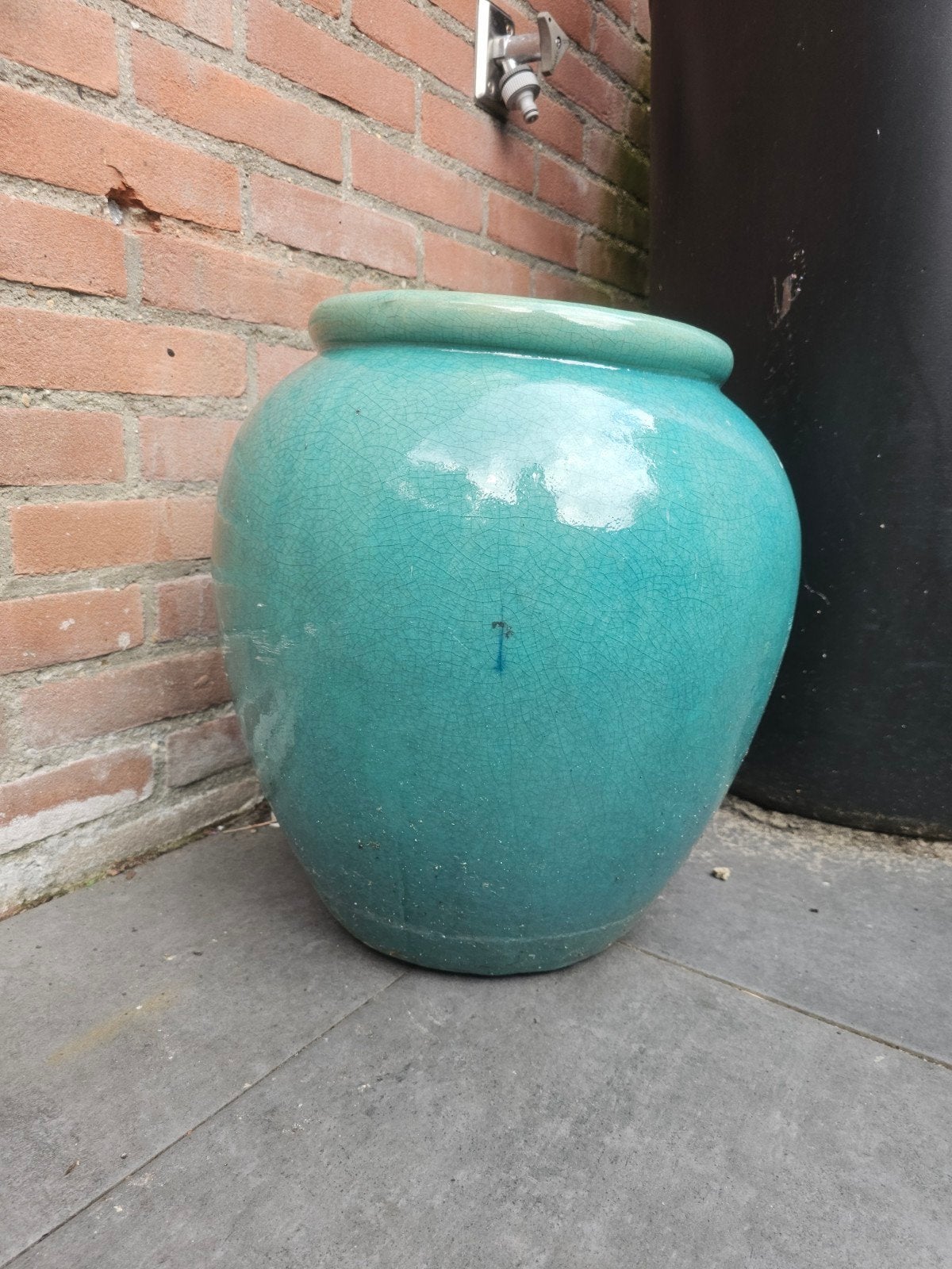 Grote turquoise bloempot met craquelé effect, Ophalen, Gebruikt, 40 cm of meer, Rond