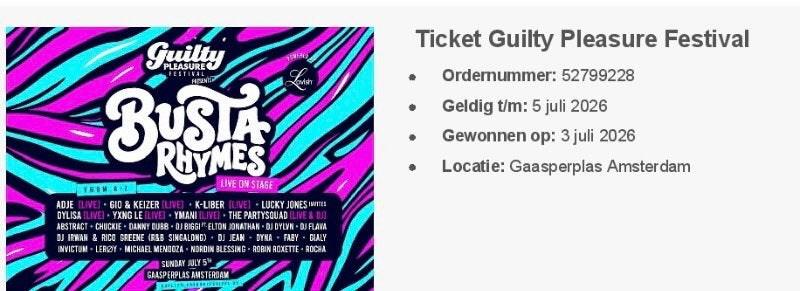 Guilty pleasure 2 e-tickets 5 july gratis, Tickets en Kaartjes, Concerten | Pop, Twee personen, Juli