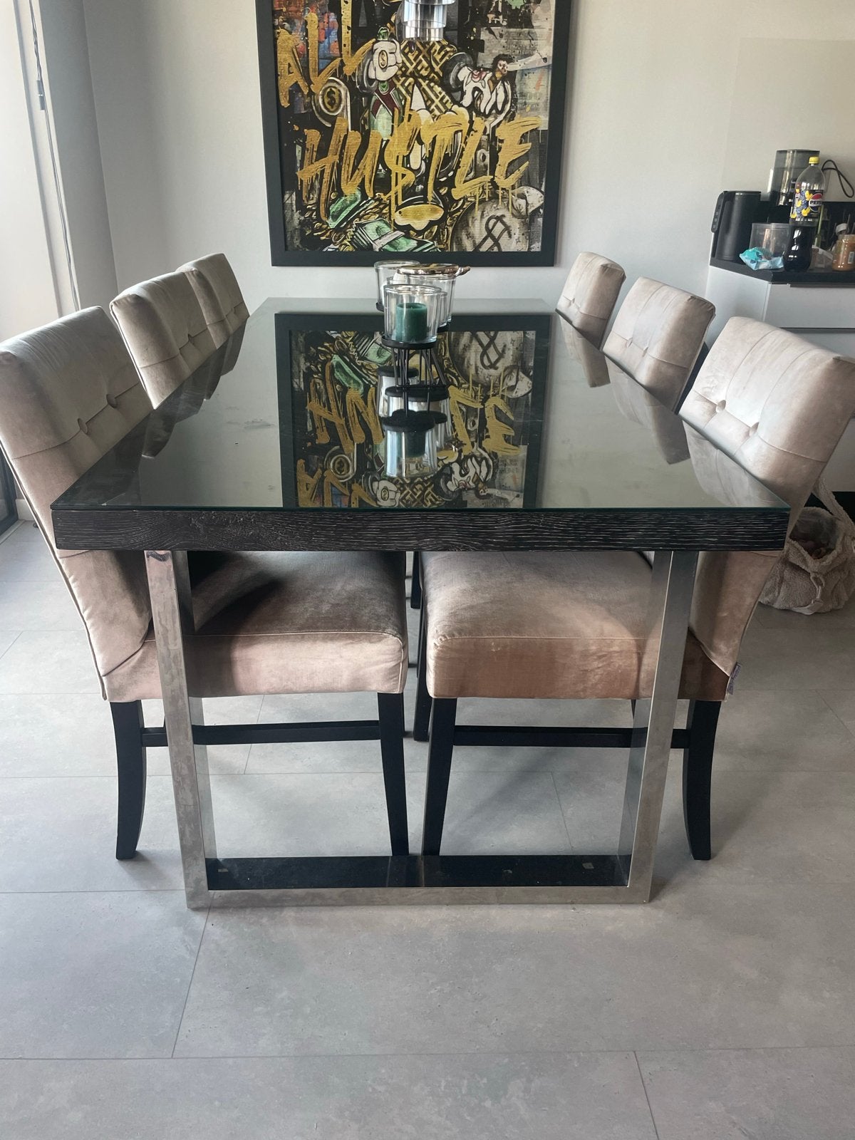 Richmond Interiors Blackbone Eettafel met Glasplaat 220x100, Ophalen, Gebruikt, 100 tot 150 cm, 200 cm of meer