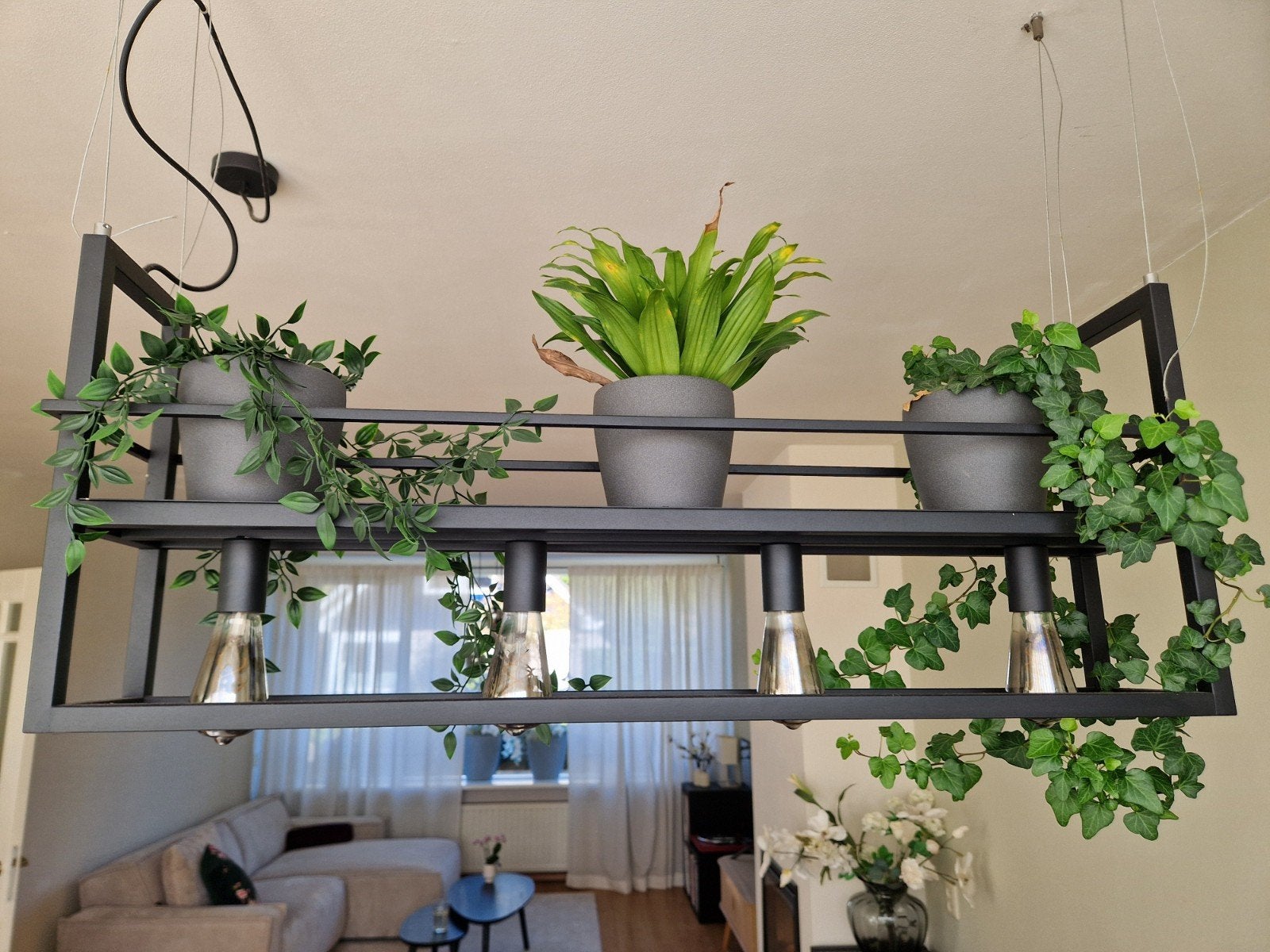 Industriële hanglamp met plantenrek en 4 E27 fittingen, Huis en Inrichting, Ophalen, Gebruikt, Industrieel, Modern, E27 (groot)