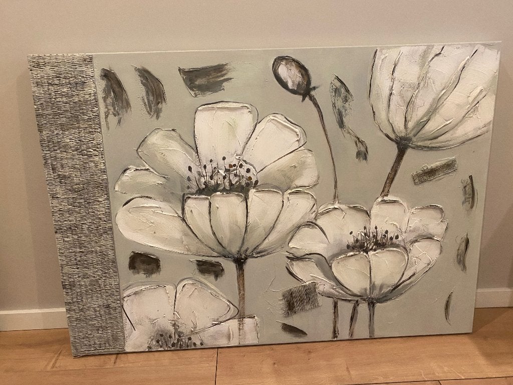 Schilderij met witte bloemen, 3D effect, Ophalen, Schilderij, Meerkleurig, Textiel